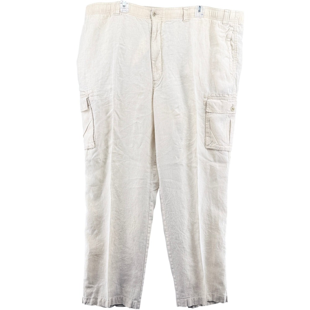 Caribbean Mens Linen Cargo Pants 44x32 Cream Relaxed Fit Elastic Waist Beach